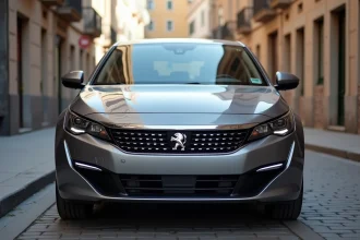 Vue extérieure trois quarts avant de la Peugeot 2026 garée dans une rue urbaine européenne, mettant en valeur la calandre et le capot moteur