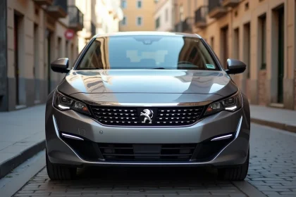 Vue extérieure trois quarts avant de la Peugeot 2026 garée dans une rue urbaine européenne, mettant en valeur la calandre et le capot moteur