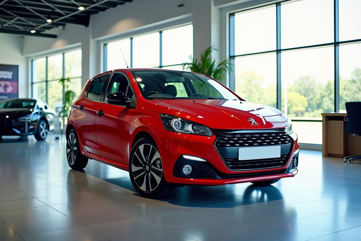 Peugeot 208 neuve dans une concession moderne lumineuse