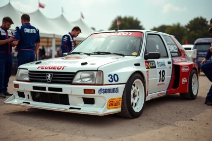Peugeot 306 Maxi en livrée rallye historique dans un parc assistance entouré de mécaniciens lors d'une épreuve de rallye