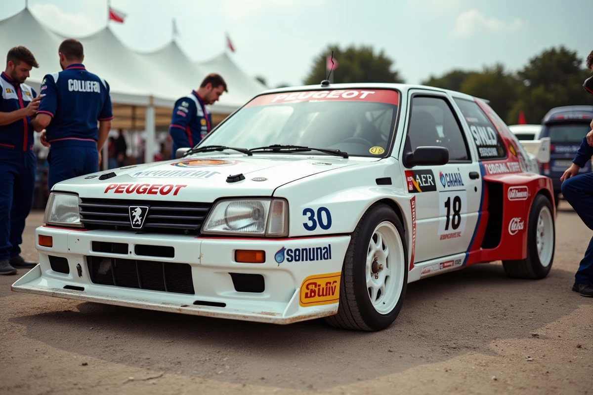 Peugeot 306 Maxi en livrée rallye historique dans un parc assistance entouré de mécaniciens lors d'une épreuve de rallye