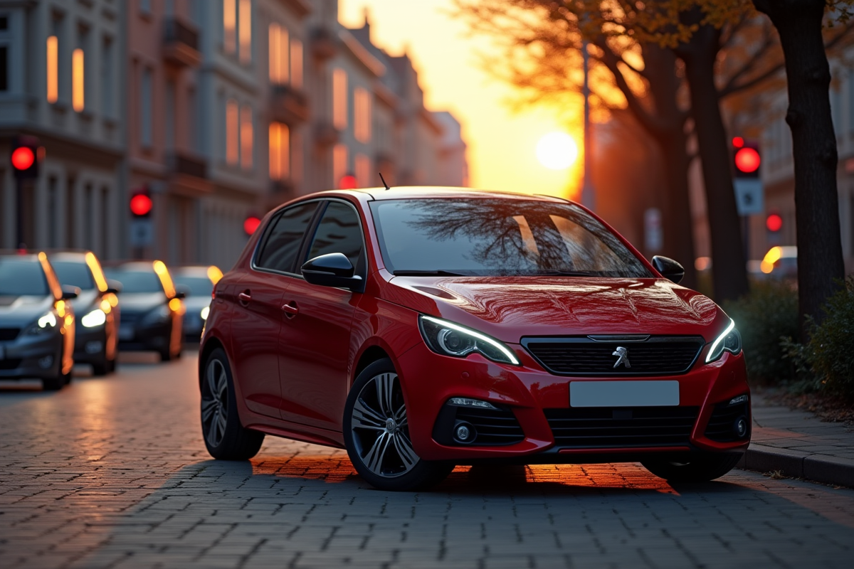 Peugeot 308 GTI stationnaire en ville au coucher du soleil
