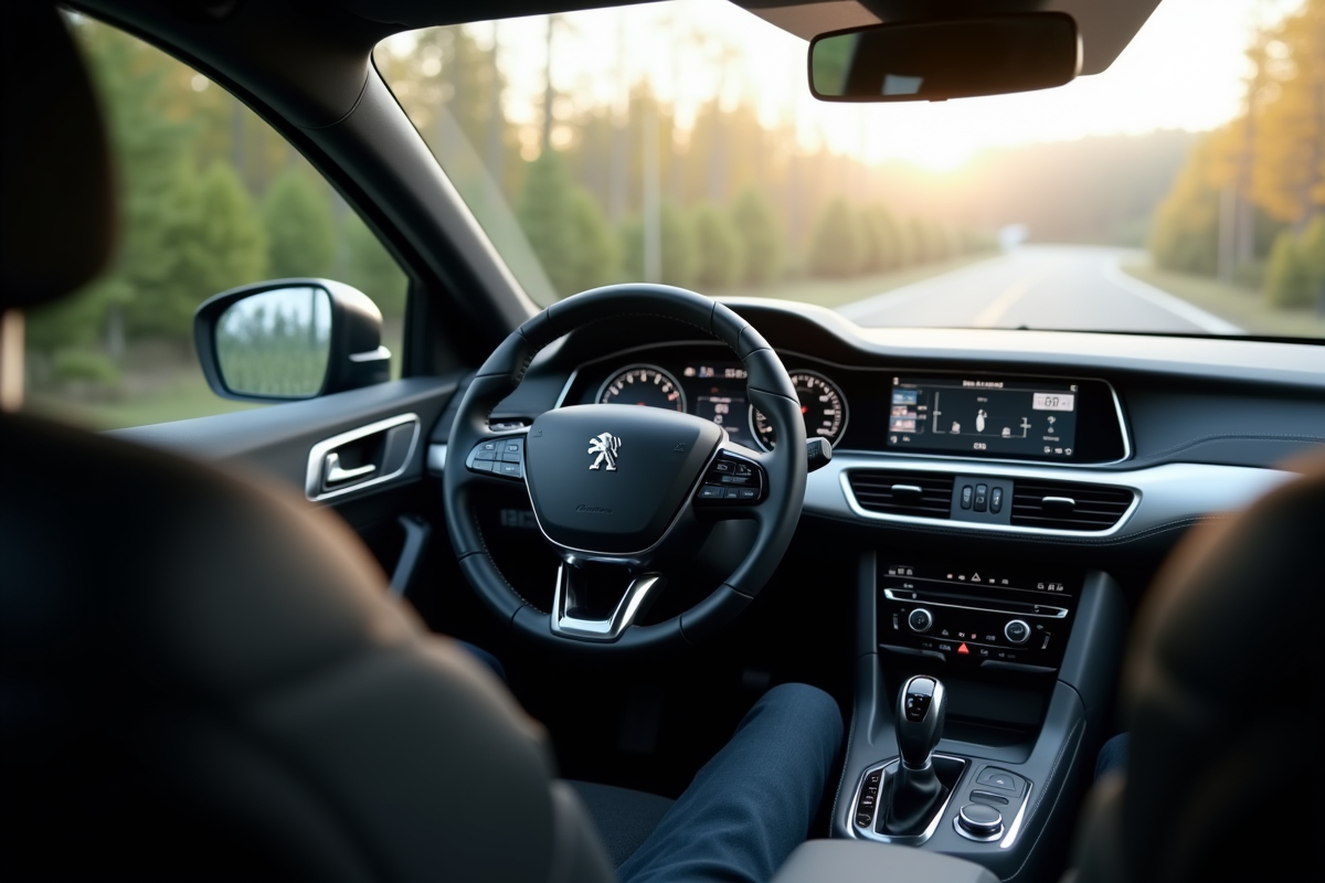 Intérieur de la Peugeot 408 vue du conducteur avec tableau de bord