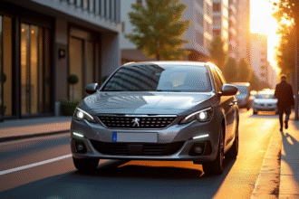 Peugeot 408 métallique garée en ville au coucher du soleil