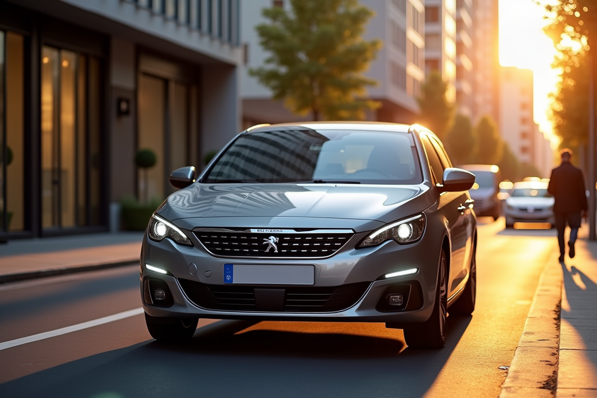 Peugeot 408 métallique garée en ville au coucher du soleil