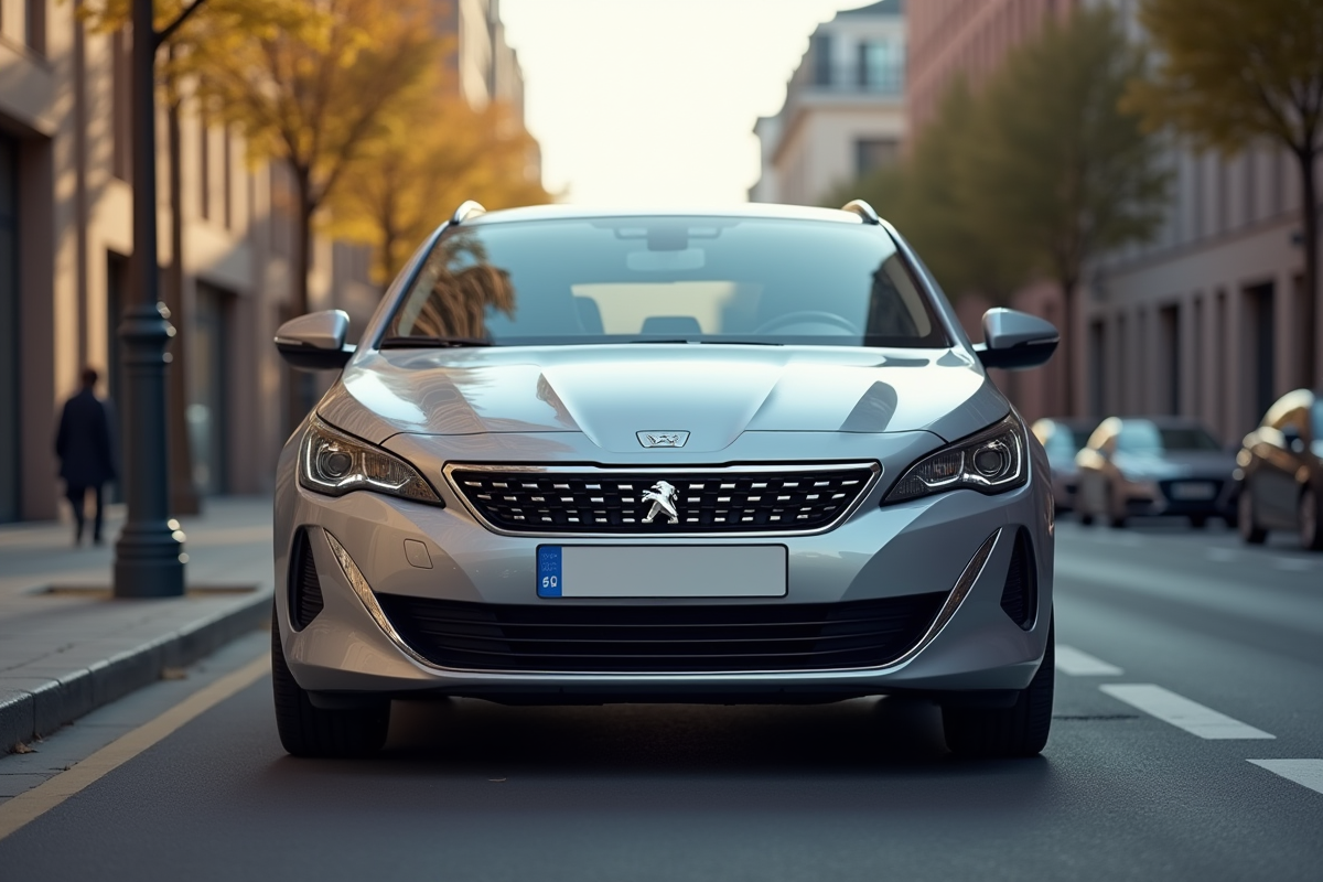 Voiture Peugeot 408 argentée en ville en journée