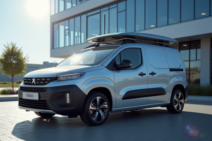 Voiture Peugeot Partner Tepee devant un bâtiment moderne