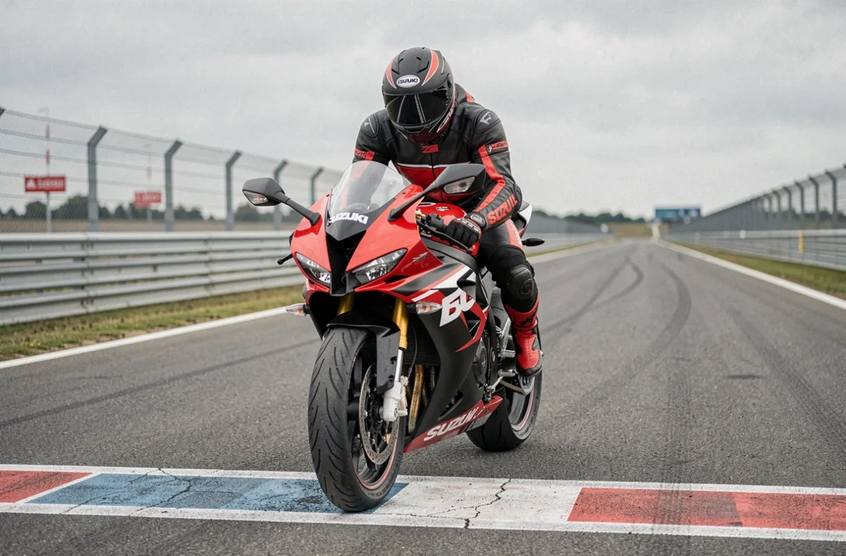 Pilote en combinaison cuir sur une Suzuki GSXR préparée piste en position de départ sur un circuit motorsport