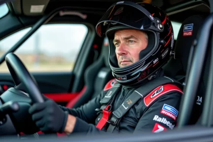 Pilote de rallye en tenue de course sécurisée dans l'habitacle