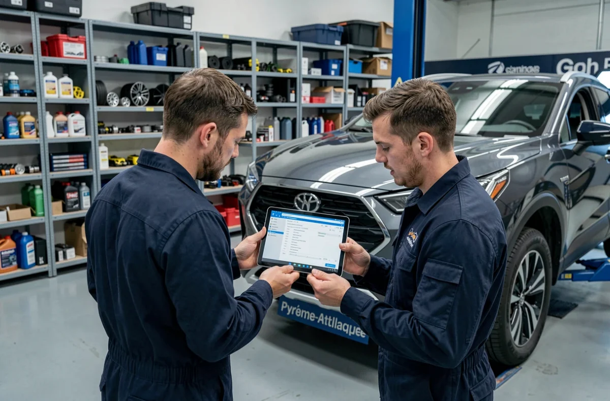 Deux mécaniciens consultant un diagnostic numérique sur tablette au Planuya Garage, spécialiste de l'entretien multimarque dans le 64