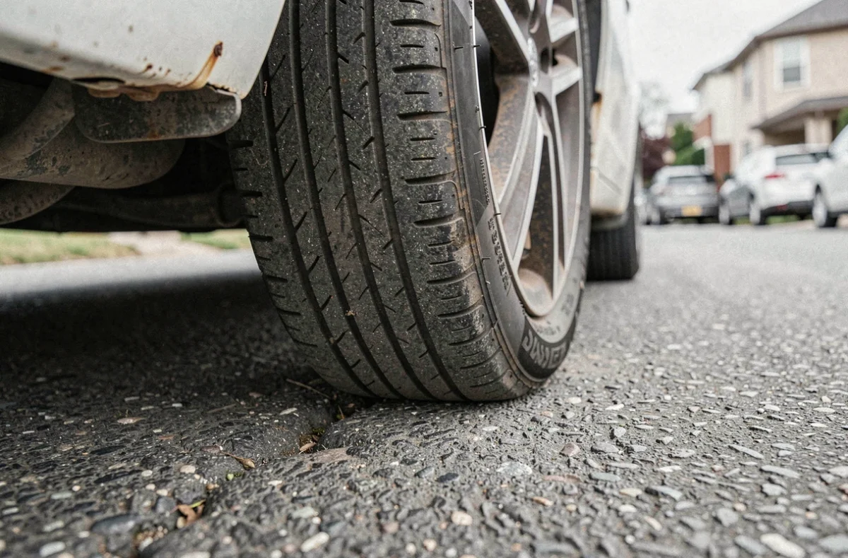 Pneu usé de manière irrégulière sur route dégradée, facteur aggravant les vibrations ressenties au volant d'un véhicule