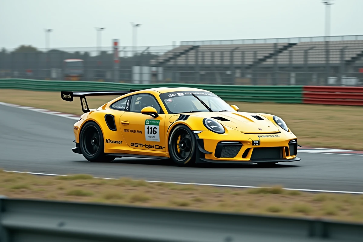 Porsche 992 GT3 Cup jaune en pleine action dans un virage sur circuit, vue en contre-plongée au niveau de la piste