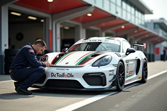 Porsche 718 Cayman GT4 RS Clubsport en stand sur un circuit de course, mécano inspectant les freins en paddock