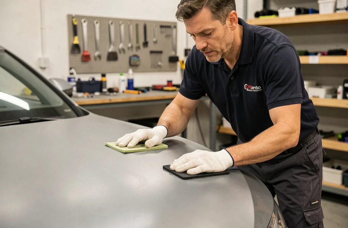 Technicien en pose de covering gris nardo sur le capot d'une Audi dans un atelier de préparation automobile professionnel