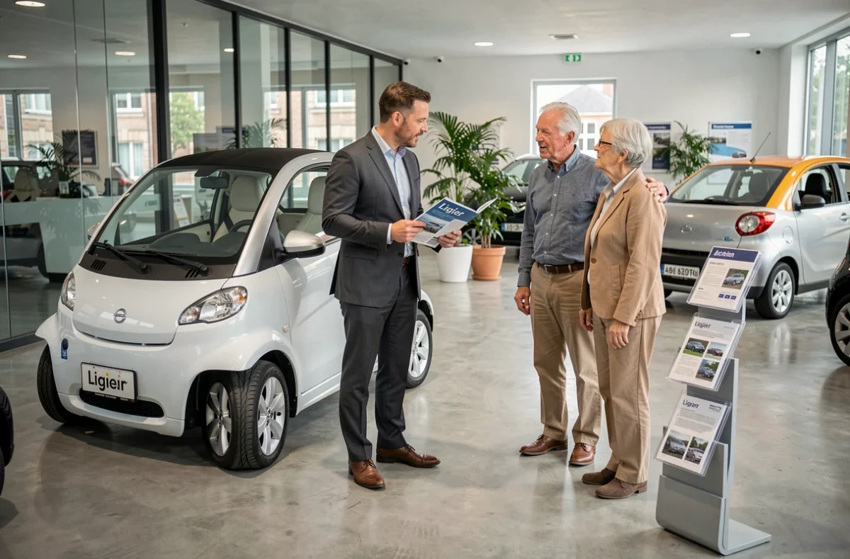 Vendeur présentant le prix d'une voiture sans permis Ligier à un couple de seniors dans une concession automobile