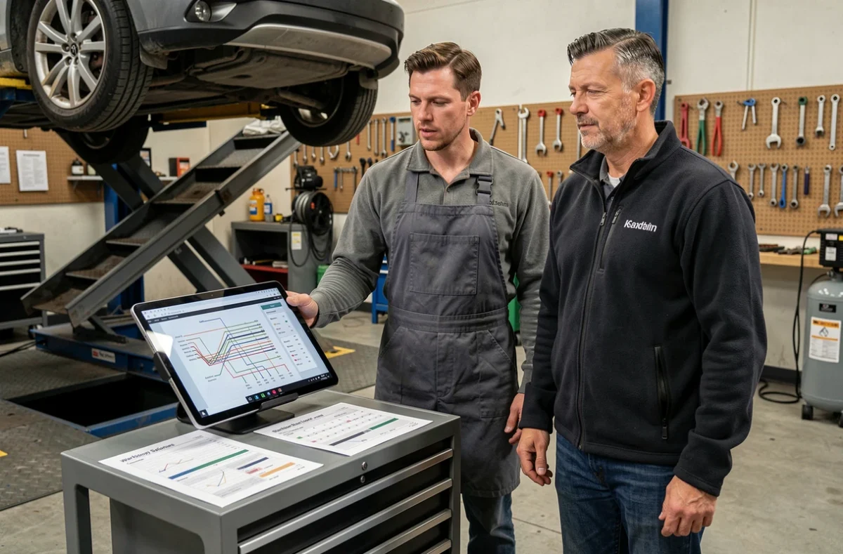 Deux professionnels de l'automobile examinant un schéma de câblage sur tablette de diagnostic dans un atelier de réparation équipé