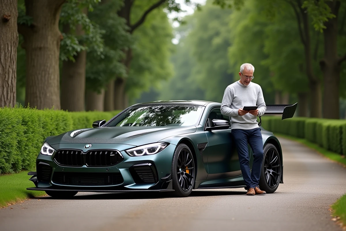 Propriétaire consultant des documents d'assurance et d'entretien devant sa BMW CSL dans un domaine privé