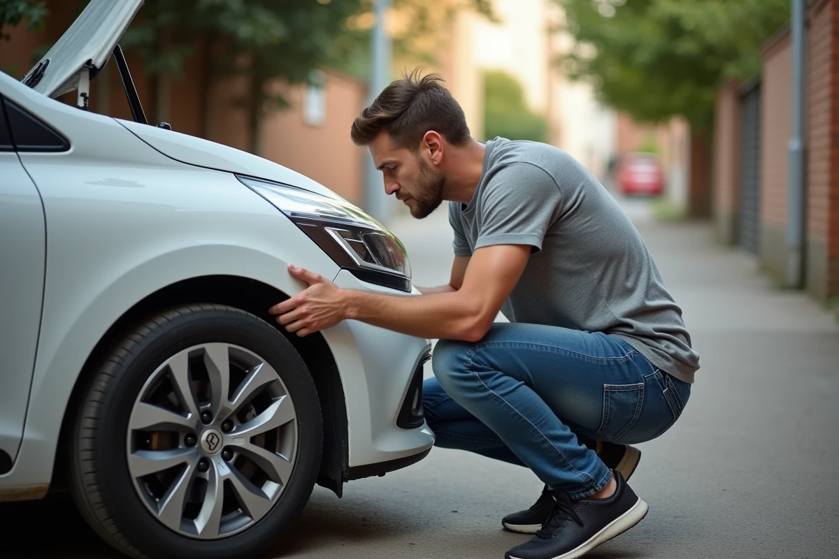 Propriétaire de Renault Clio inquiet inspectant son moteur diesel 1.5 dCi dans la rue