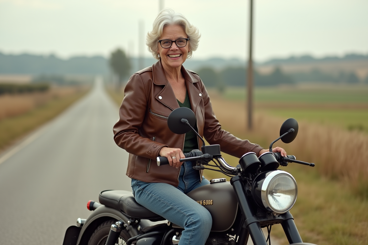 Femme âgée en moto vintage sur une route rurale