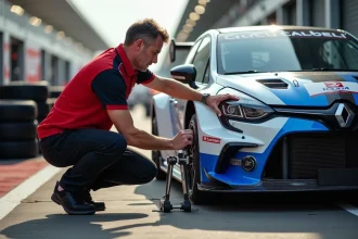 Ingénieur de piste ajustant la géométrie de suspension d'un Kit Saxo kit car sur circuit