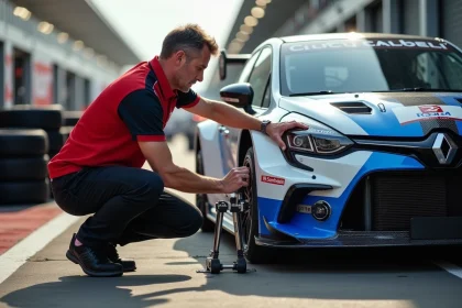 Ingénieur de piste ajustant la géométrie de suspension d'un Kit Saxo kit car sur circuit