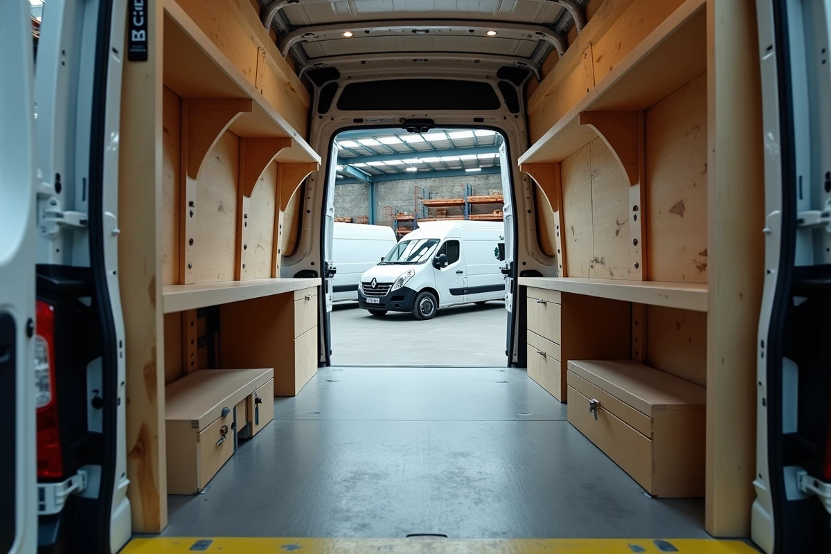 Vue plongeante de l'intérieur d'un Renault Master utilitaire avec un aménagement bloquant la circulation, illustrant une erreur de conception d'espace de travail mobile