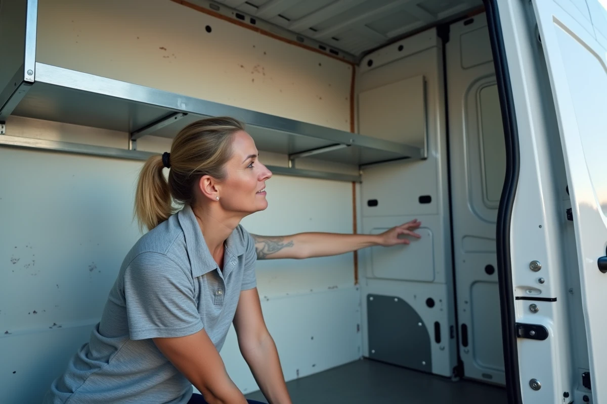Vue intérieure d'un Renault Master montrant des tiroirs mal fixés en hauteur, une erreur fréquente lors de l'aménagement de véhicule utilitaire
