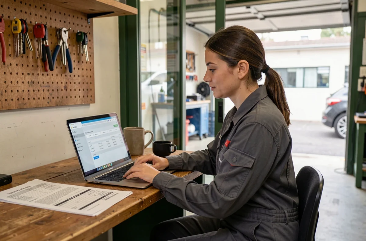 Femme réparatrice auto utilisant un logiciel de facturation et gestion des ordres de réparation à son bureau d'accueil