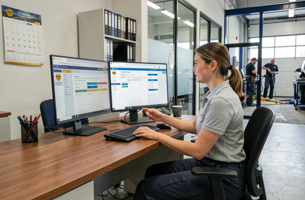 Responsable d'atelier automobile comparant des logiciels de données techniques professionnelles sur un double écran de bureau