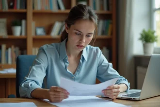 Jeune femme lisant les résultats de son permis de conduire en candidat libre à son bureau
