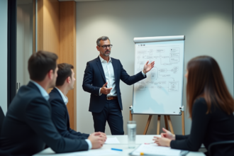 Homme en costume expliquant un diagramme à un groupe
