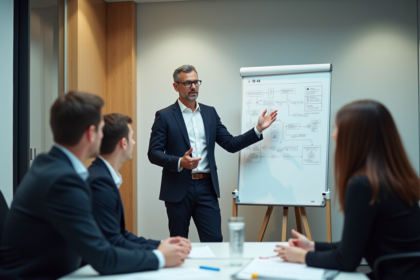 Homme en costume expliquant un diagramme à un groupe