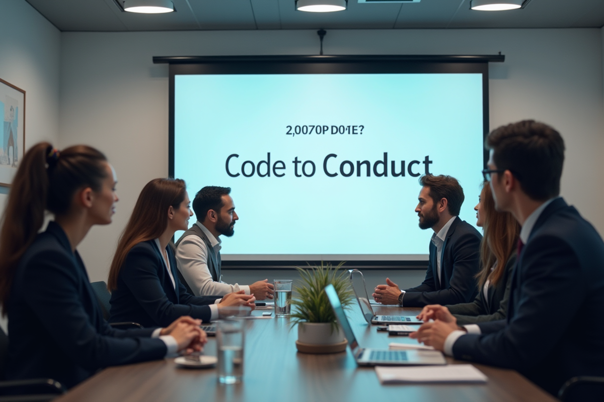 Professionnels discutant dans une salle lumineuse avec ecran digital