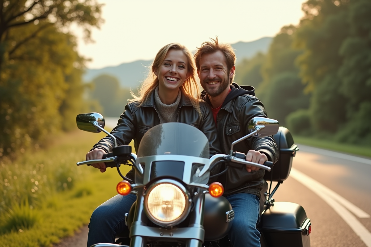 Couple en balade à moto dans la campagne ensoleillée