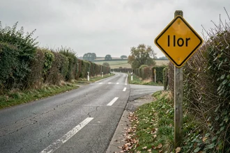 Panneau de route à caractère prioritaire sur une route rurale française sinueuse avec marquages effacés et végétation dense