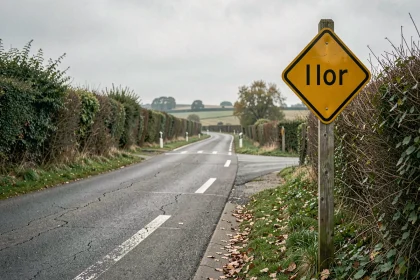 Panneau de route à caractère prioritaire sur une route rurale française sinueuse avec marquages effacés et végétation dense