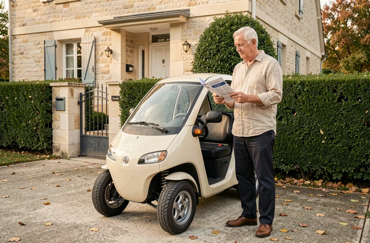 Homme senior tenant un devis d'assurance à côté d'une voiture sans permis garée devant une maison de banlieue française