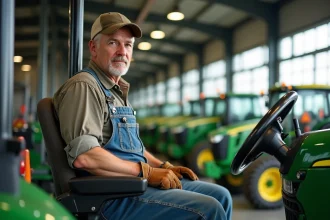 Agriculteur testant un siège de tracteur suspendu pneumatique dans un concessionnaire agricole