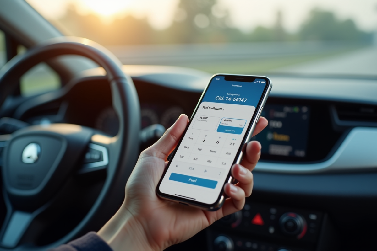 Main tenant un smartphone avec calculateur de carburant