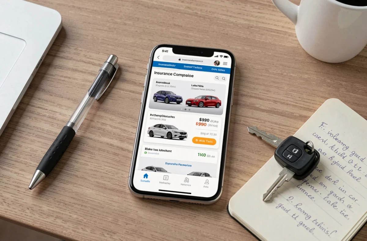 Vue aérienne d'un smartphone affichant un comparateur de prix assurance auto avec clés de voiture et carnet de notes sur un bureau