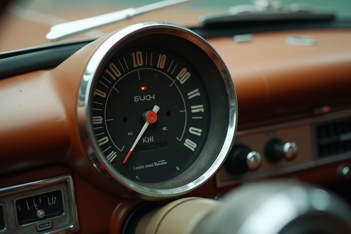 Gros plan d'un speedomètre analogique vintage affichant les miles par heure et les kilomètres par heure sur un tableau de bord de voiture classique
