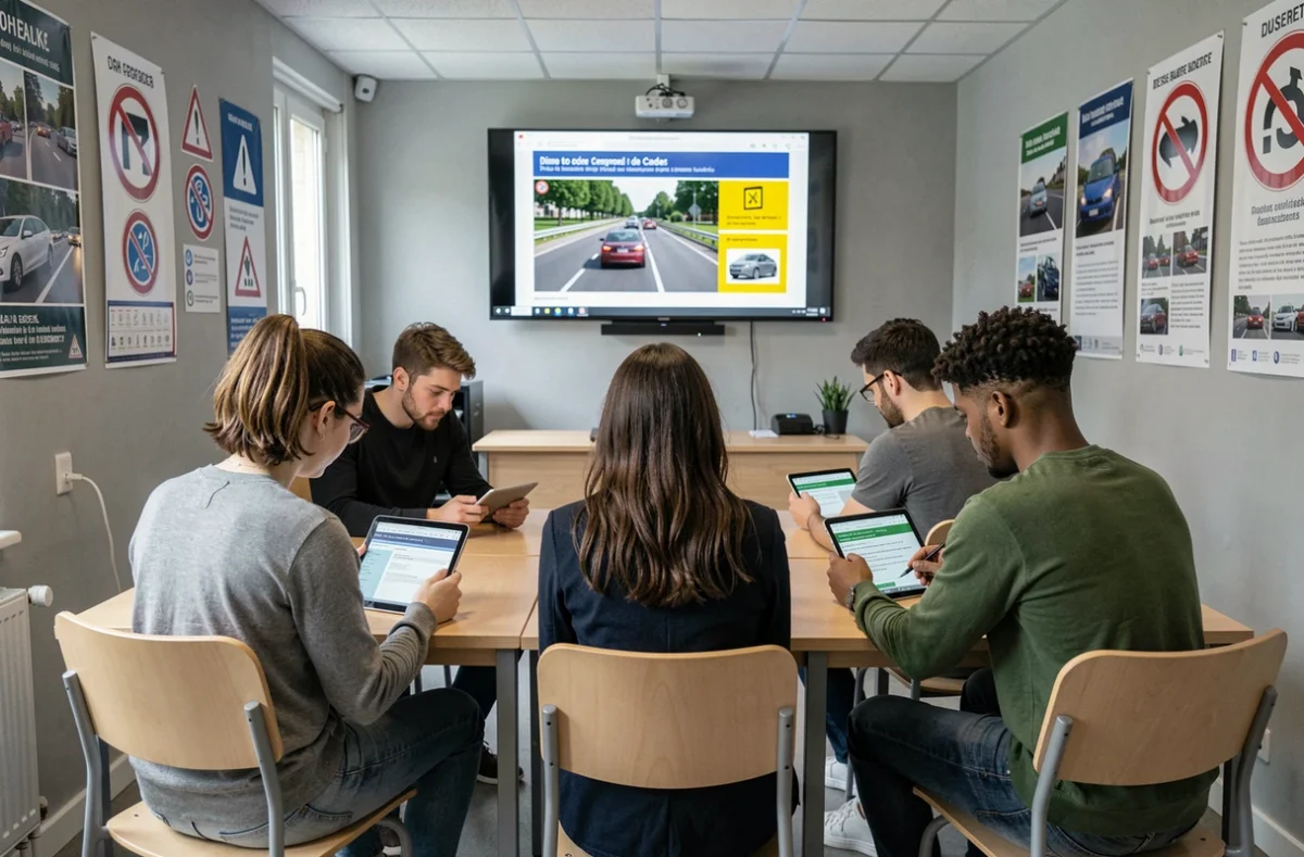 Groupe d'élèves révisant le code de la route sur tablettes dans les locaux de l'auto-école Stych à Le Mans