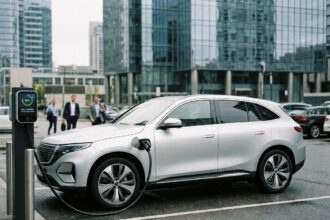SUV électrique branché à une borne de recharge rapide en milieu urbain