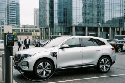 SUV électrique branché à une borne de recharge rapide en milieu urbain