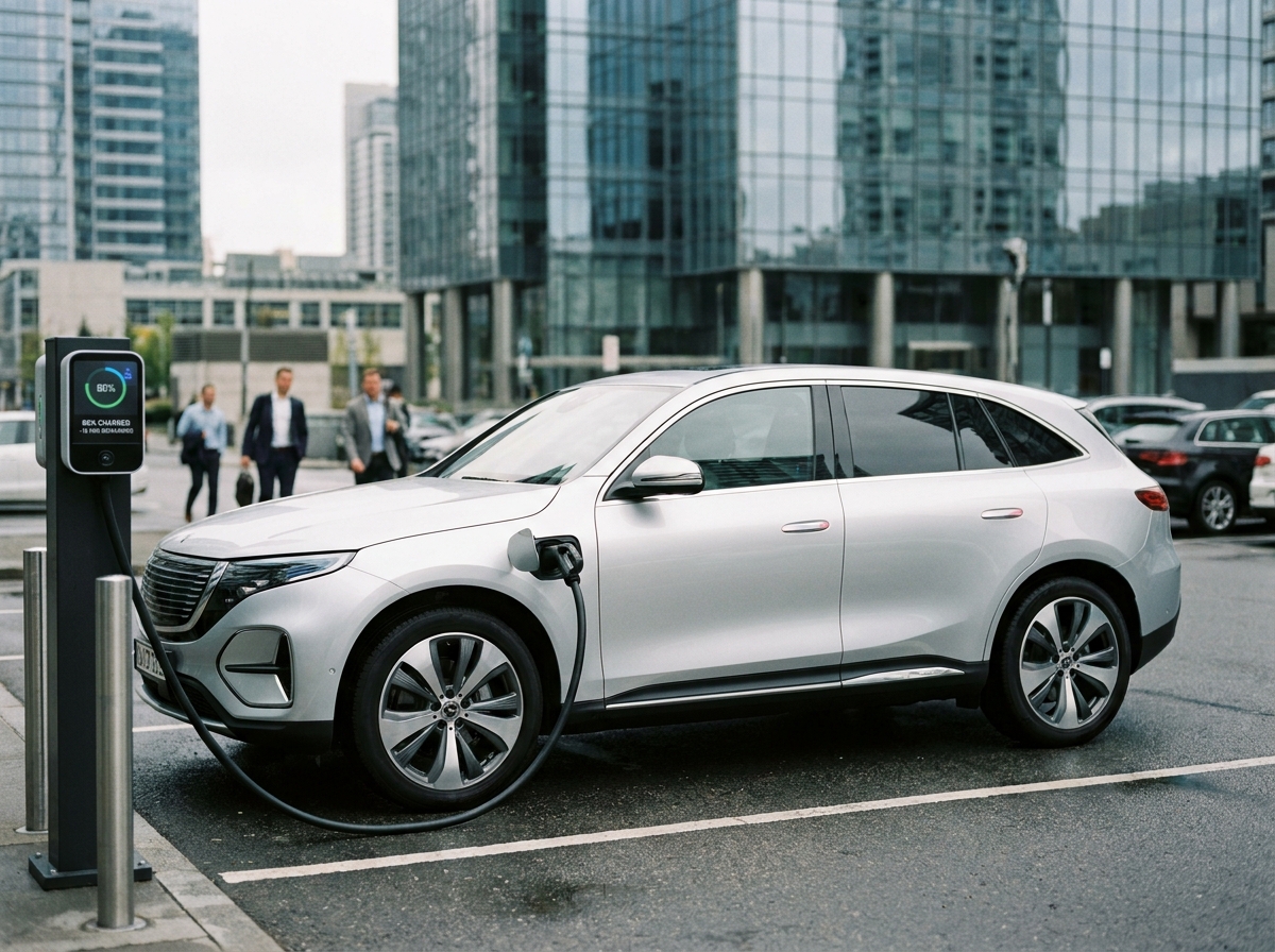 SUV électrique branché à une borne de recharge rapide en milieu urbain