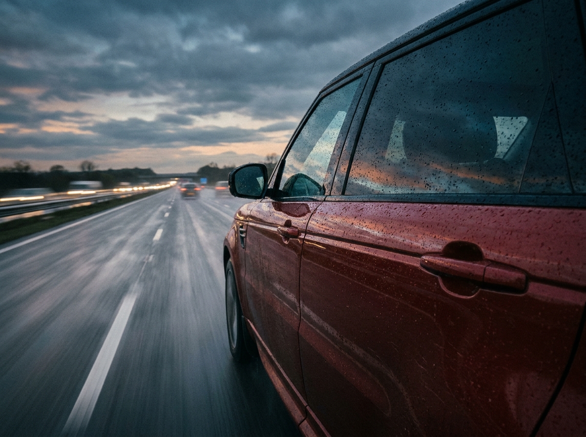 SUV rouge en mouvement sur une autoroute mouillée au crépuscule avec effet de filé photographique dynamique