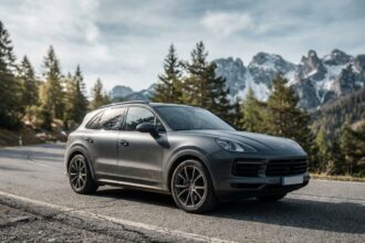 SUV sportif gris foncé garé sur une route de montagne sinueuse avec décor alpin et pins en arrière-plan