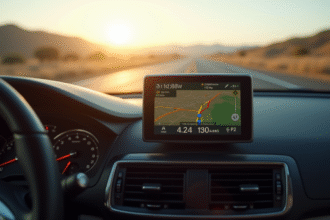 Tableau de bord voiture avec GPS affichant une conversion miles en kilomètres