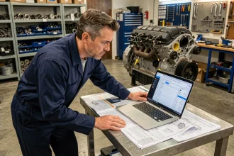 Technicien automobile consultant une base de données de réparation professionnelle sur ordinateur portable dans un atelier mécanique réaliste