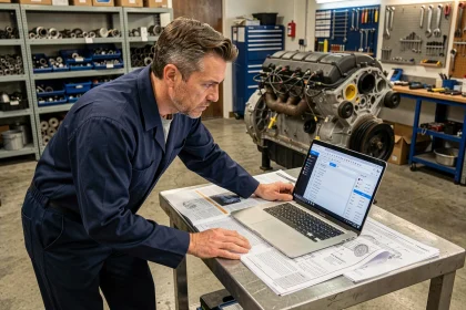 Technicien automobile consultant une base de données de réparation professionnelle sur ordinateur portable dans un atelier mécanique réaliste